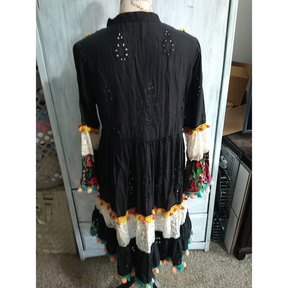 Love Positano Fringed Embroidered Flared Sleeve Dress Boho Cottage Core Feminine - Picture 8 of 15